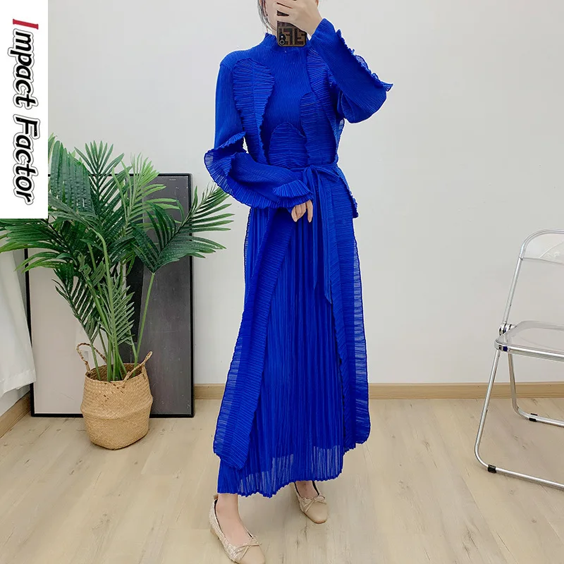 Fashion Pleated Ruffles Dress Women Stand Collar Belt Gathered Waist Long Dresses Elegant Party 2024 Spring New