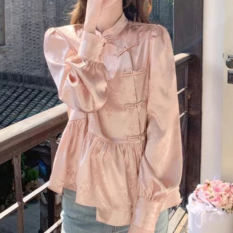 Spring Women Chinese Style Vintage Ruffled Button Up Shirts Pink Sweet Chic Stand Collar Blouses Elegant Long Sleeve Loose Tops