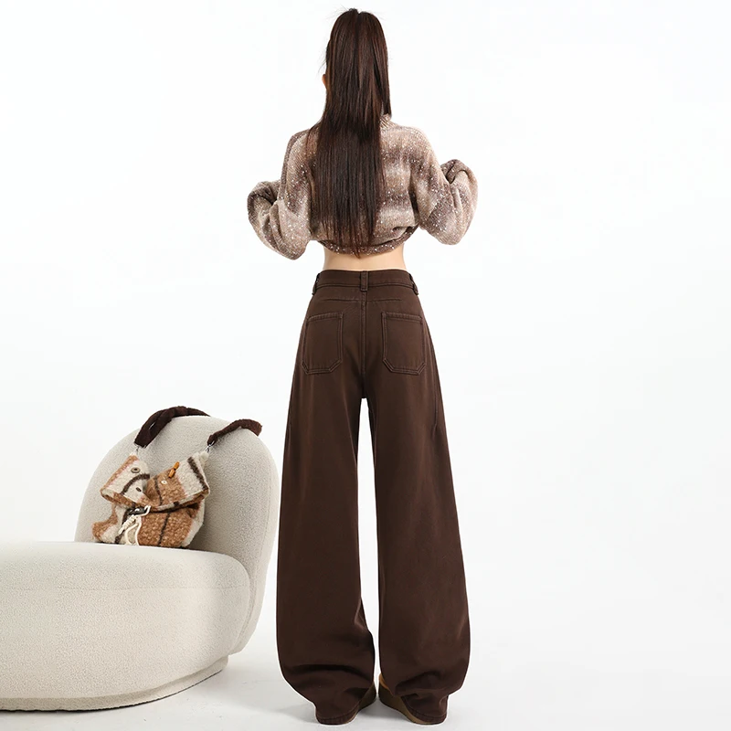 Jeans da donna a gamba larga color caffè Maillard in velluto spesso in autunno e inverno, pantaloni da pavimento alti da strada con coltello curvo