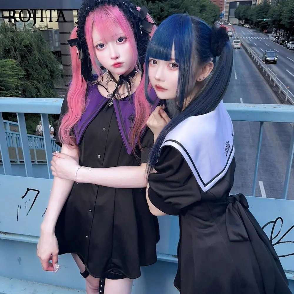 

Navy Pointed Collar Dress Puff Sleeve Single-Breasted Slim A-Line Black Dress for Women Summer Short Sleeve Dress