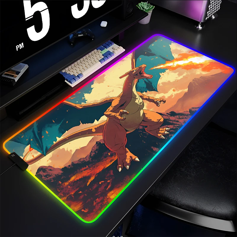 LED Mouse Pad Gamers Decoracion Gamer Desk Mat Exquisite RGB Mousepad Rubber P-Pokemon Charizard Gaming Backlight Keyboard Mat