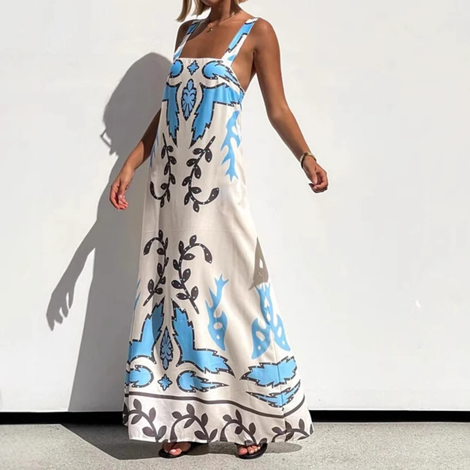 ใหม่สตรีฤดูร้อนยาว Cami ชุดเดรสแขนกุดสแควร์คอหลวม Floral Beach Dresses ขายร้อน S M L