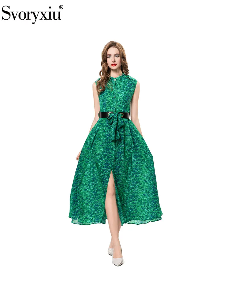 

Svoryxiu Summer Fashion Green Vintage Print Long Dress Women's Stand Collar Single Breasted Sleeveless High Waist Belt Dresses
