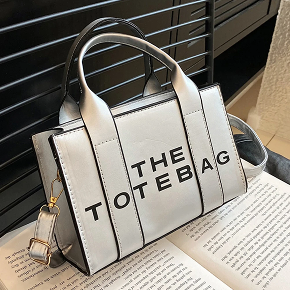 Women Tote Bag Contrast Letters Fashion Ladies Top-Handle Bags PU Leather Portable Casual Simple Adjustable Straps Hobos Bags