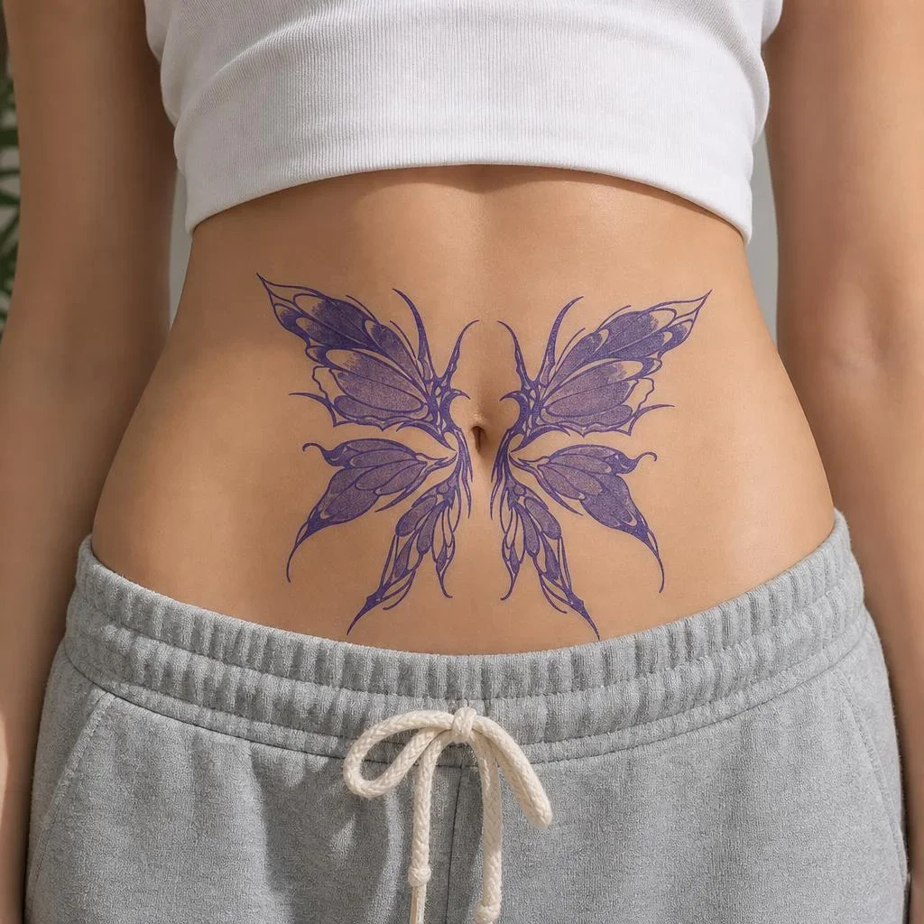 1 Sheet Per Pack Temporary Tattoo Sticker Blue Waterproof Long Lasting Butterfly Floral Fine Line Lower Abdomen Waist for Women