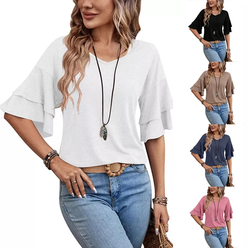 

Women's Solid Color Casual T-shirt Summer Ladies V-neck Lotus Leaf Sleeve Loose Short Sleeve Tee Holiday Blouse Women Clothing