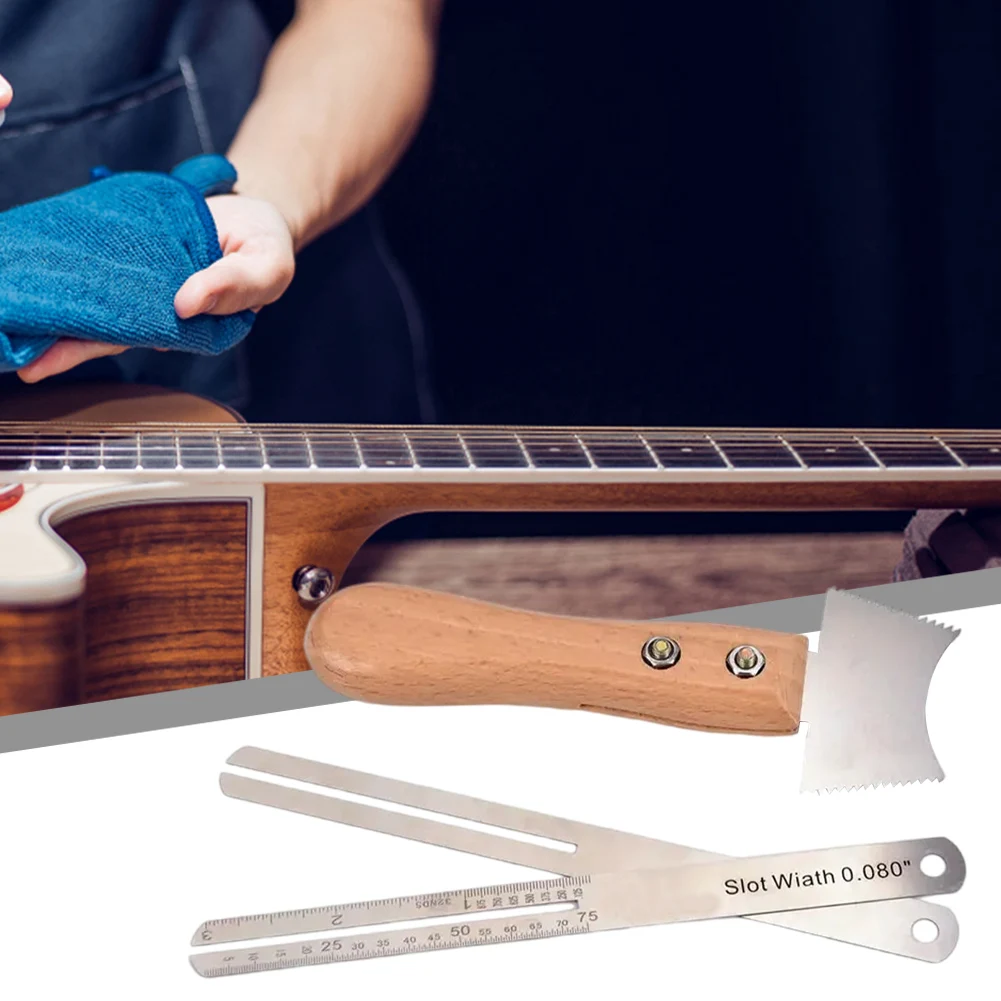 

Frets Cleaning Cutter Stainless Steel Guitar Nut Hole Iron Cutter with 2 Ruler Measuring Leveling Tool for Music Instrument