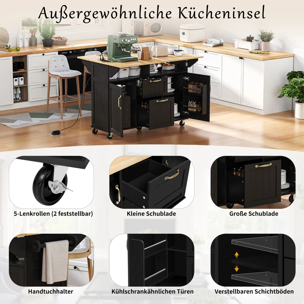 Kücheninsel mit Rollen, abnehmbarem Esstisch, mit Schubladen und Handtuchhalter, mobiler Küchenwagen mit Steckdosenstangen – Detail 5