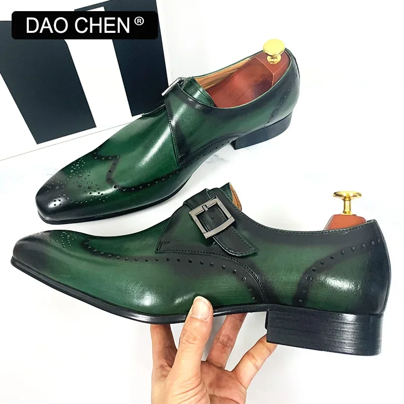 LUXURY BRAND MEN\'S LOAFERS MONK STRAP SHOES BLACK GREEN WINGTIP MENS DRESS SHOES OFFICE WEDDING MEN CASUAL LEATHER SHOES