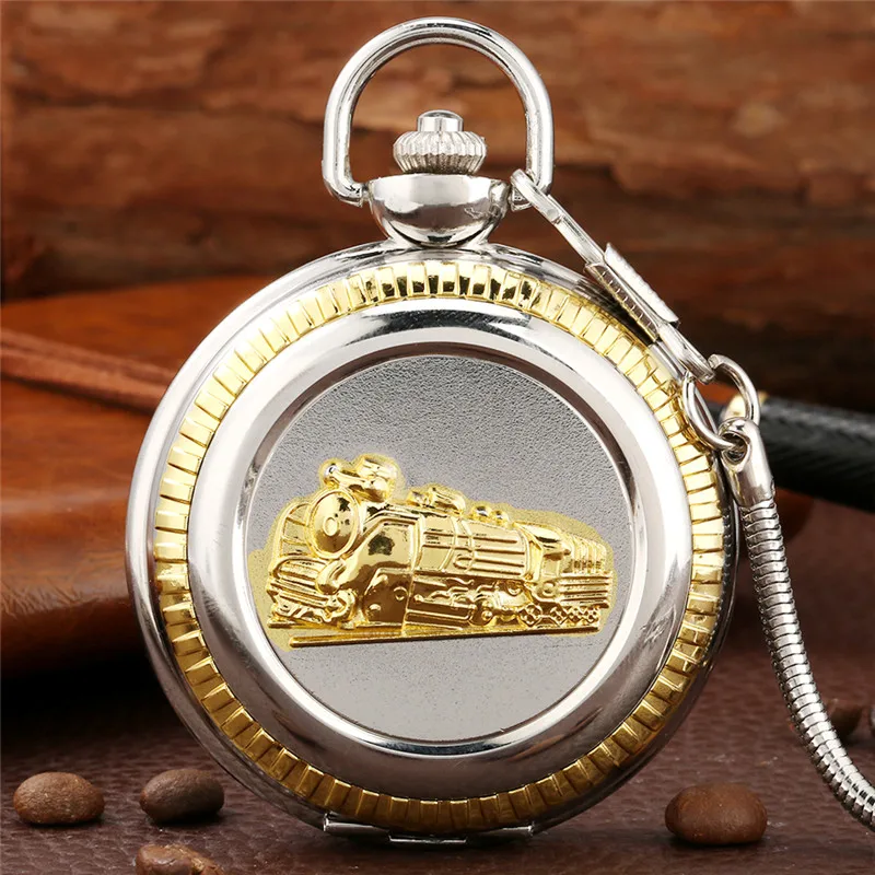 Luxe Gegraveerde Gouden Stoomtrein Cover Romeinse Cijfer Display Klok Quartz Zakhorloge Voor Mannen Vrouwen Met Hanger Ketting Reloj