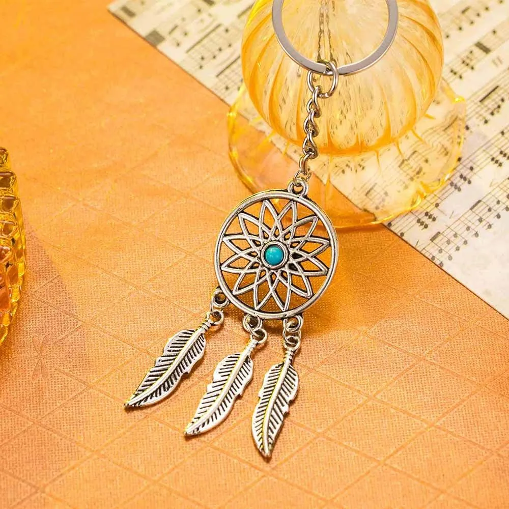 Romantic Turquoise Dream Catcher Sliver Color Feather Tassel Pendant Key Chains for Women Men Family Bag Pendant Jewelry Gifts