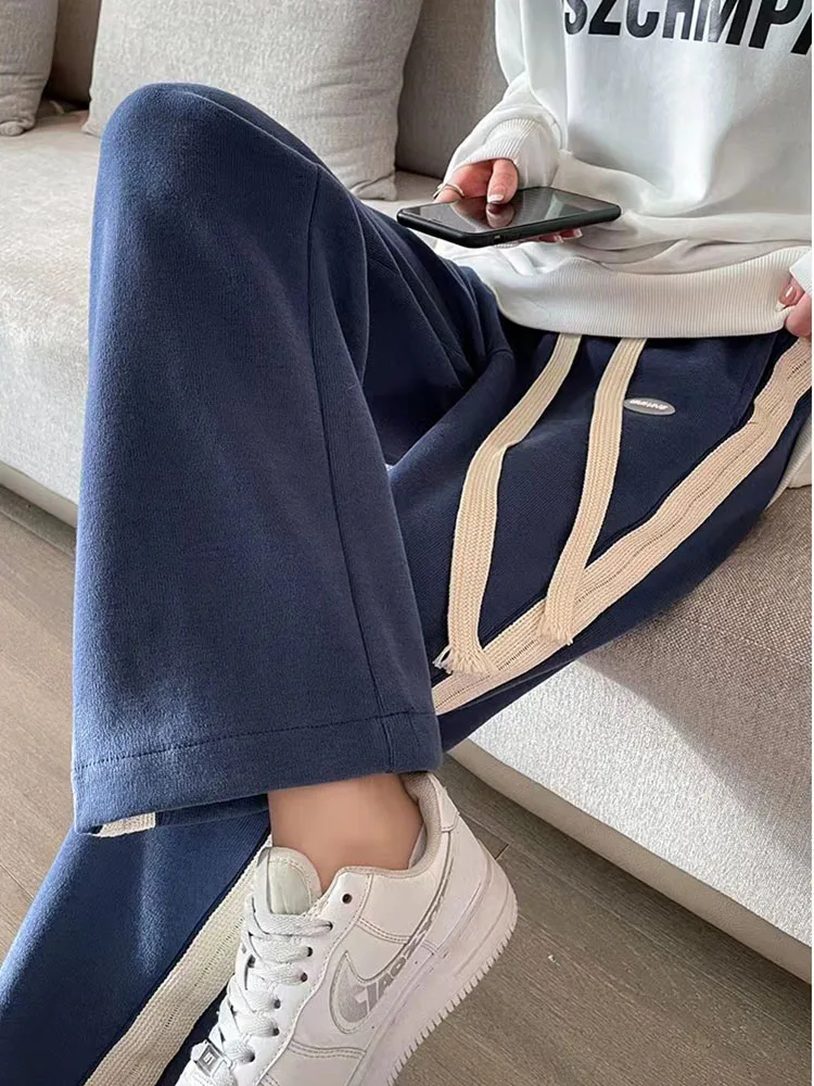 الجانب مخطط عالية الخصر مرونة الخصر السراويل المستقيمة الكورية موضة فضفاض واسعة الساق بنطلونات المرأة Sweatpants فضفاضة غير رسمية