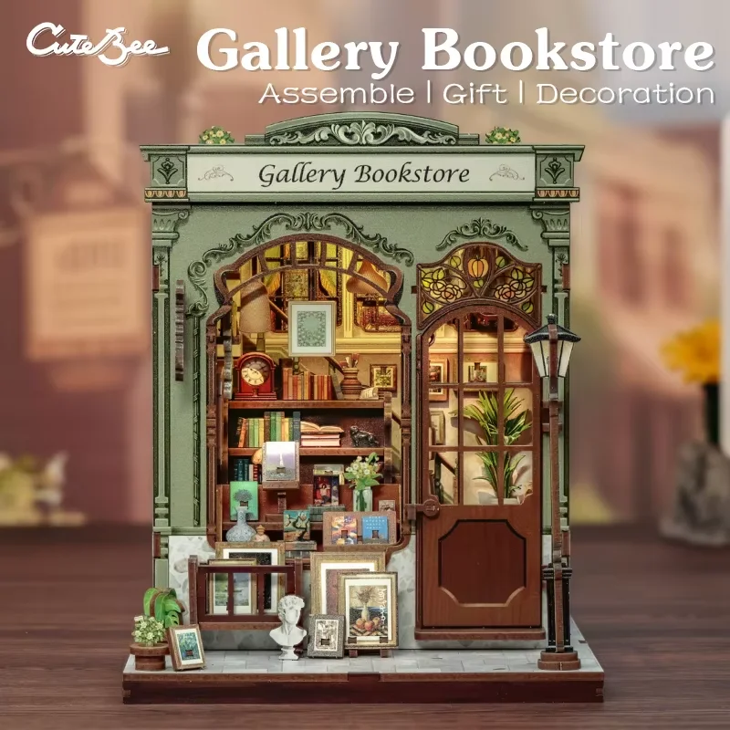 CUTEBEE DIY Book Nook Kit Miniature Model Wooden Dollhouse with LED Light Bookshelf Insert Home Decor for Gallery Bookstore