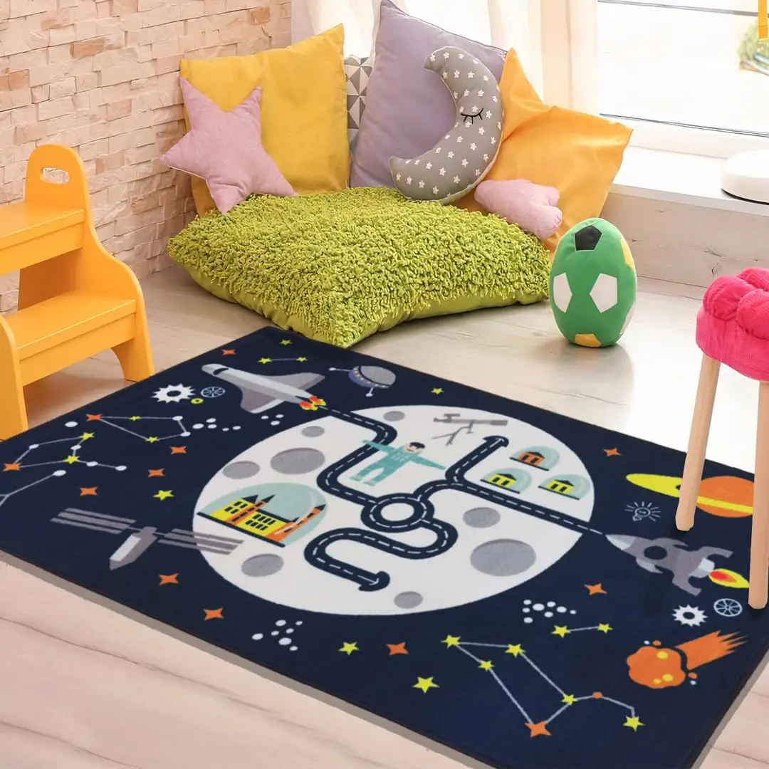 Alfombra Infantil con Diseño Espacial, Luna, Ciudad y Cohete, Antideslizante, Suave, para Dormitorio, Sala de Juegos, Guardería