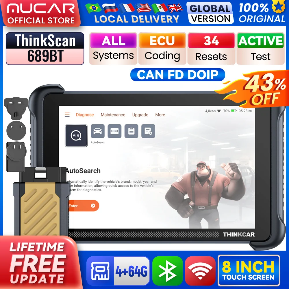 

THINKCAR THINKSCAN 689BT Все системы автомобильного диагностического инструмента Двунаправленный сканер OBD2 с кодированием ЭБУ 34 услуги CANFD DoIP