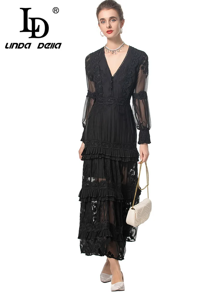 LD LINDA DELLA Autumn and Winter Women's A-Line Dress Flare Sleeved Lace Splicing Flounced Edge High waist Elegant Party Dresses