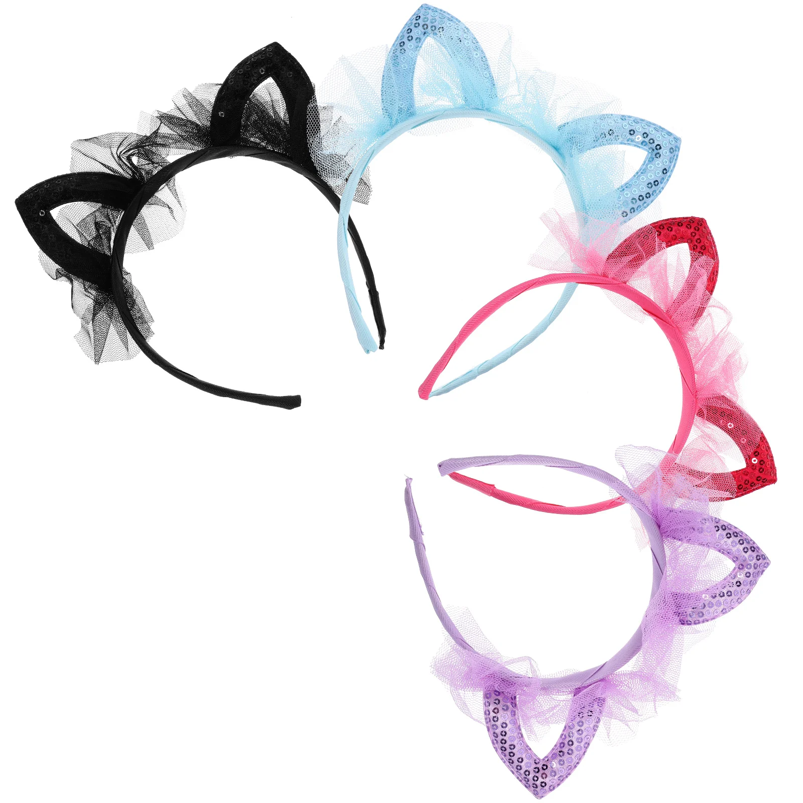 

4pcs Cat Ears Headband Sequins Mesh Veil Women Girls Hair Accessories Blue Purple Christmas Halloween Party Cosplay