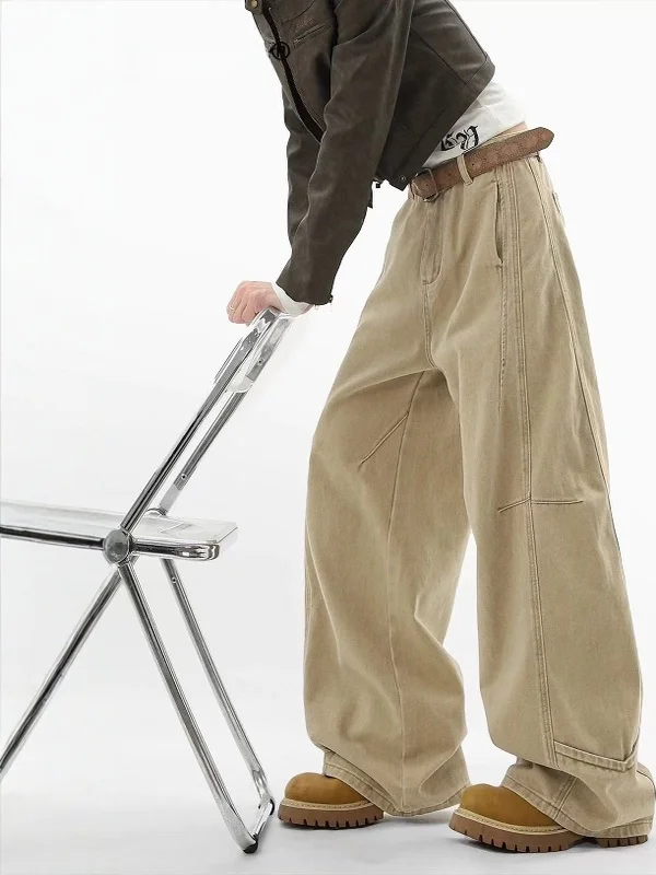 

American Khaki Deconstructed Men's Jeans Casual Loose Wide Leg Long Trousers High Waist Patchwork Non-Stretch Polyester Cotto...