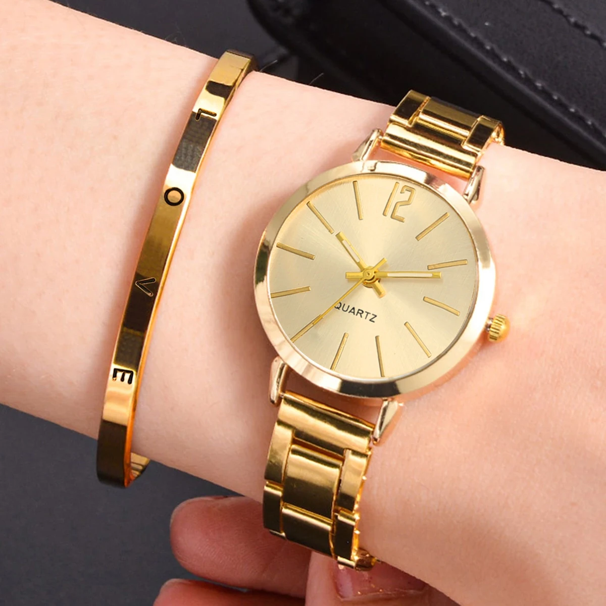 2pcs Set Watch Luxury Women Simple Dial Hollow Strap Fashion Gold Bracelet Quartz Wristwatch Student Ladies Watches Reloj Mujer