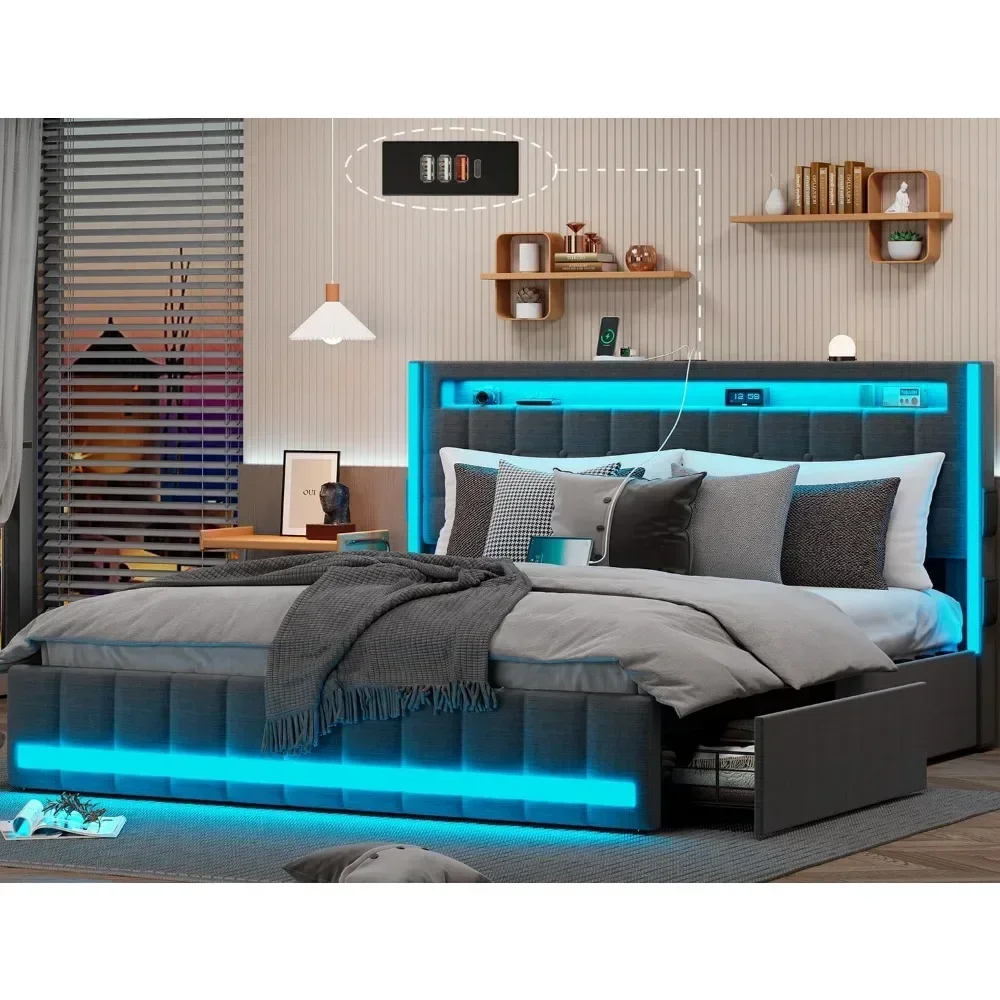 Upholstered with 4Storage Drawer,LED Light,Charging Station,Adjustable Headboard,Slats Support,No Box Spring Needed