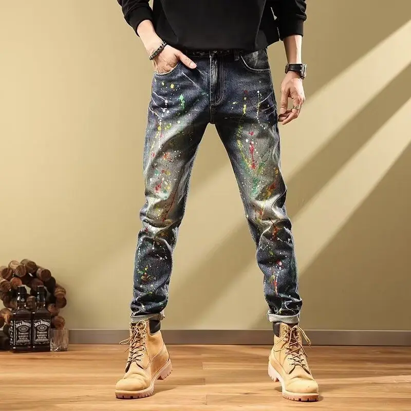 High-end Menswear Clothing Luxury Retro Ink-splashing Paint Jeans Trendy Brand Slim-fit Straight Feet Elastic Casual Trousers