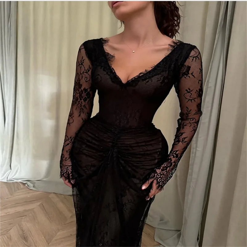 Personalizzato nero scollo a V sirena pizzo abiti da ballo manica lunga pieghe da sera abiti da noche pavimento-lunghezza da sera formale 2025
