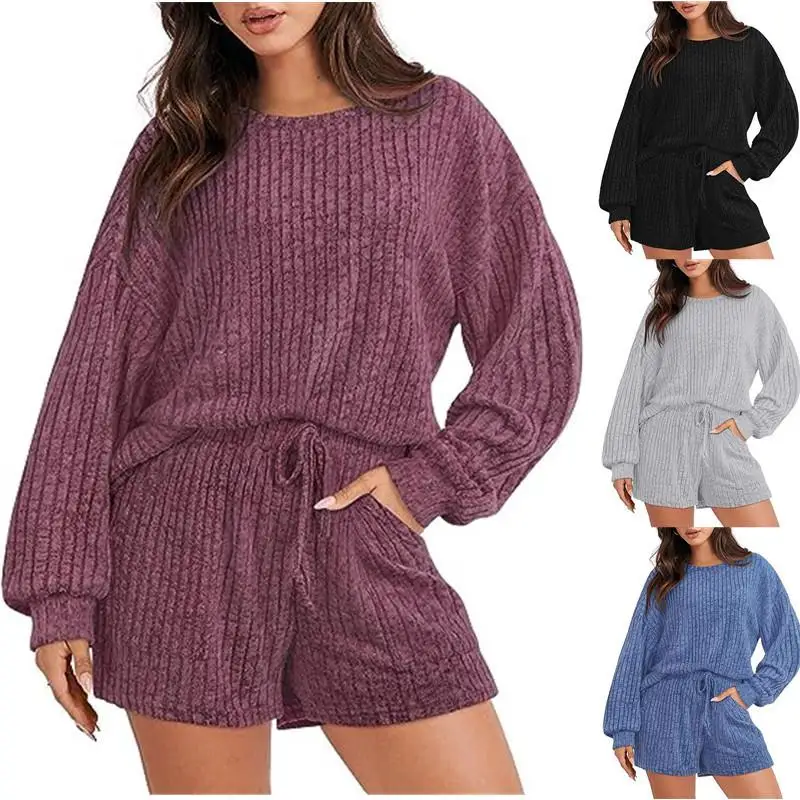 

Women's Long Sleeve Home Suit Casual Style Winter Fashion Set Three Pieces Pure Color Sved Shorts