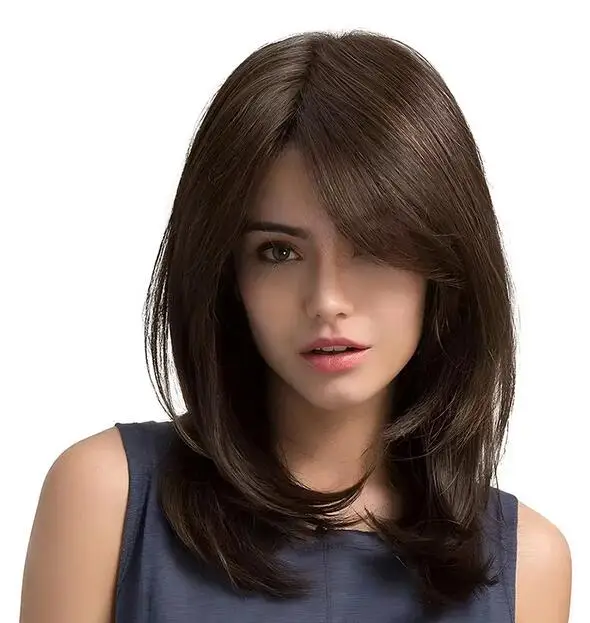 

18 Inch Natural Brown With Bangs Layered Wigs Fashion Natural Mid Length Version Synthesis Women's Wigs Full Head Cover