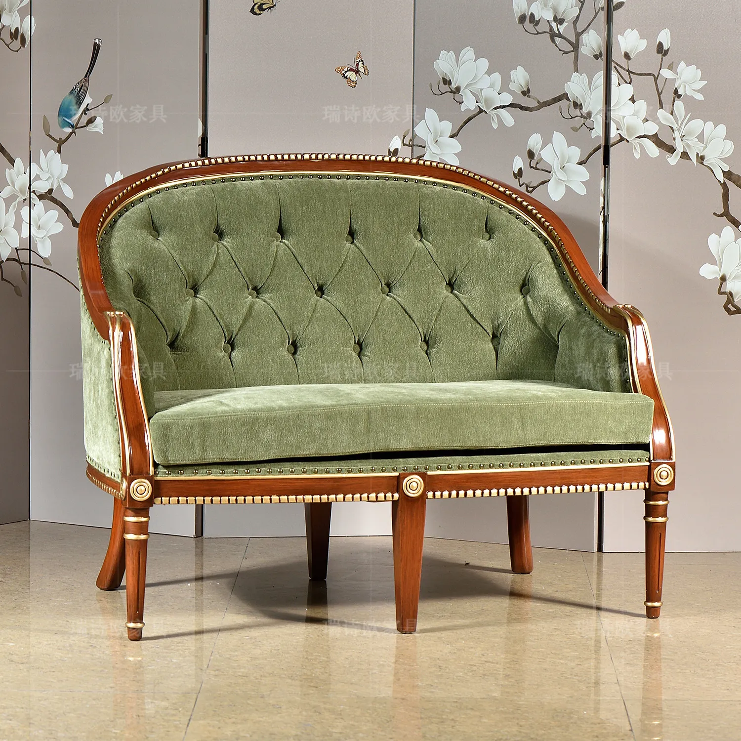 HYS American light luxury solid wood fabric sofa, living room double retro soft bag Phnom Penh decorative sofa, green velvet
