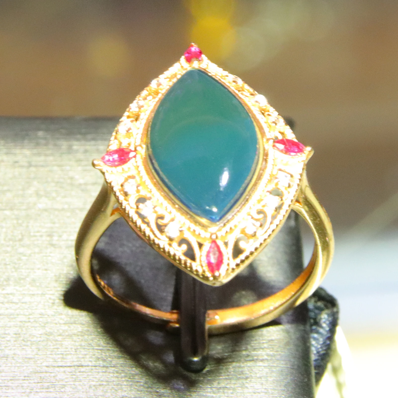 

Sterling Silver Adjustable Ring | 16.5mm Oval Blue Amber & Red Gemstones | Unique Anniversary Gift for Her, Wife, Girlfriend