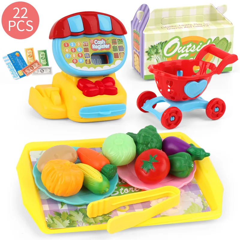 

22Pcs Children Mini Simulation Supermarket Cash Register Girls Play House Toy Set Creative Fun Dessert Fruit Shopping Cart Toys