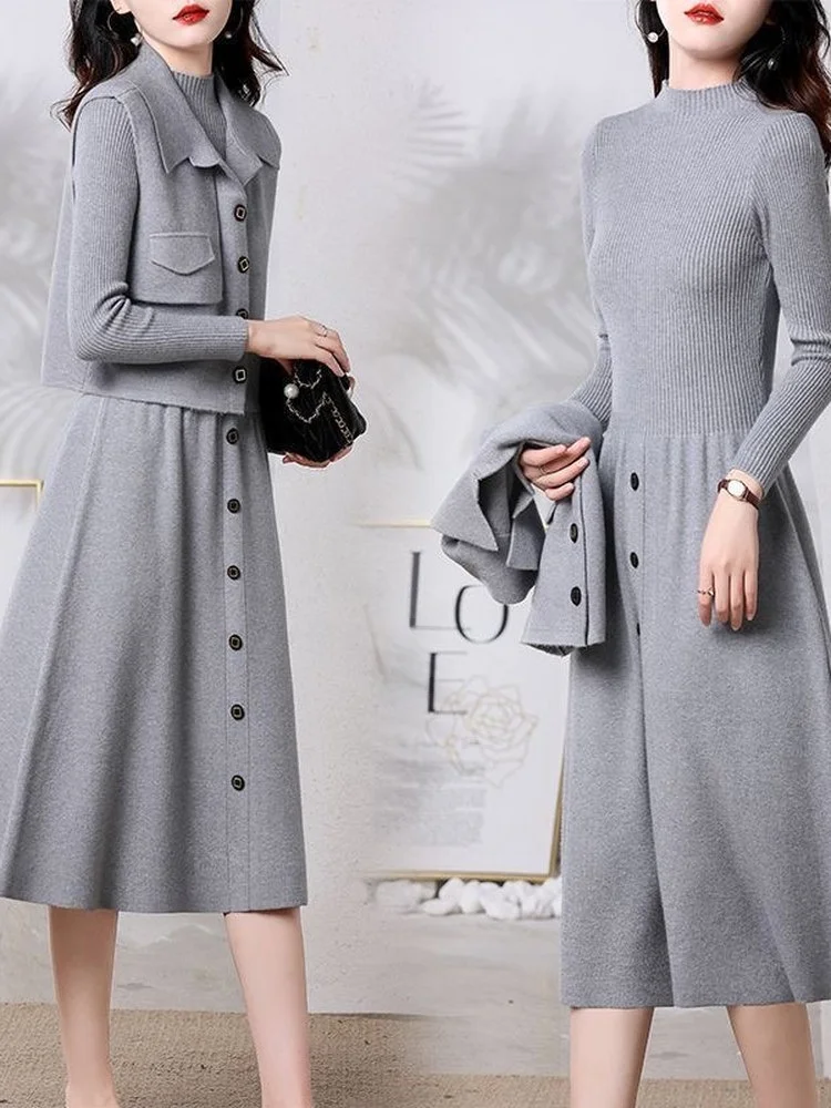 

Women's Autumn Winter Knitted Dress Set Long Sleeve Overhead Midi Dress High End Fashion Two Piece Suit Commute Style Regular...