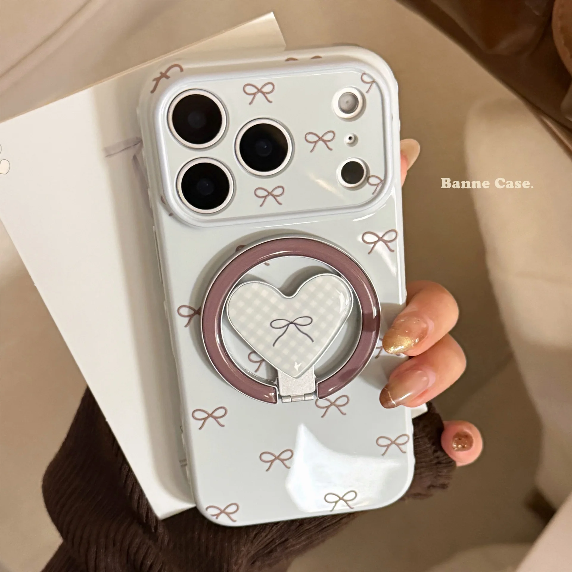 Koreanische Bowknot Falten Gitter Liebe Herz Magnetische Halterung Telefon Fall Für iPhone 17 16 15 14 13 12 Pro max Stoßfest Soft Cover