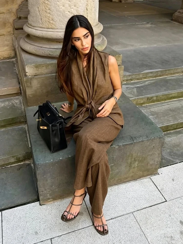 Chic Summer Women Solid Vest Pants Suit Sets Female Sleeveless Knot Vest Tops Or Lady High Street Casual Trousers