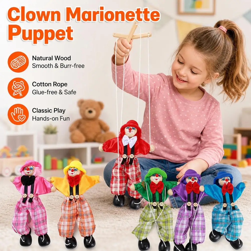 Wooden Clown Marionette String Puppet 24cm Traditional Pull String Marionette Toy Glue Free Cotton Rope Puppet for Kids