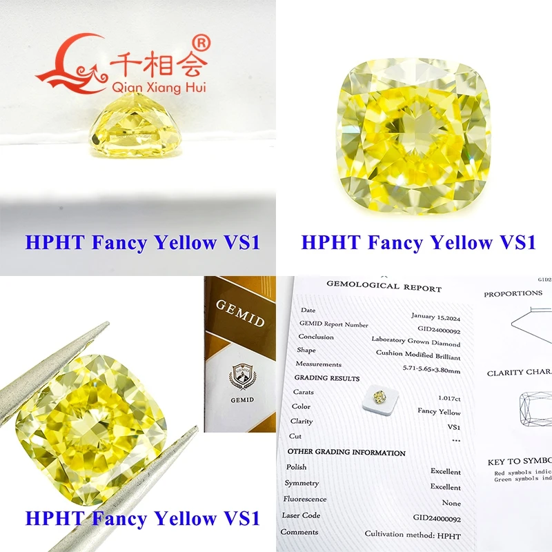 Vivid yellow color 1ct VS1 clarity Cushion shape HPHT diamond GEMID certificated lab grown diamond loose stone