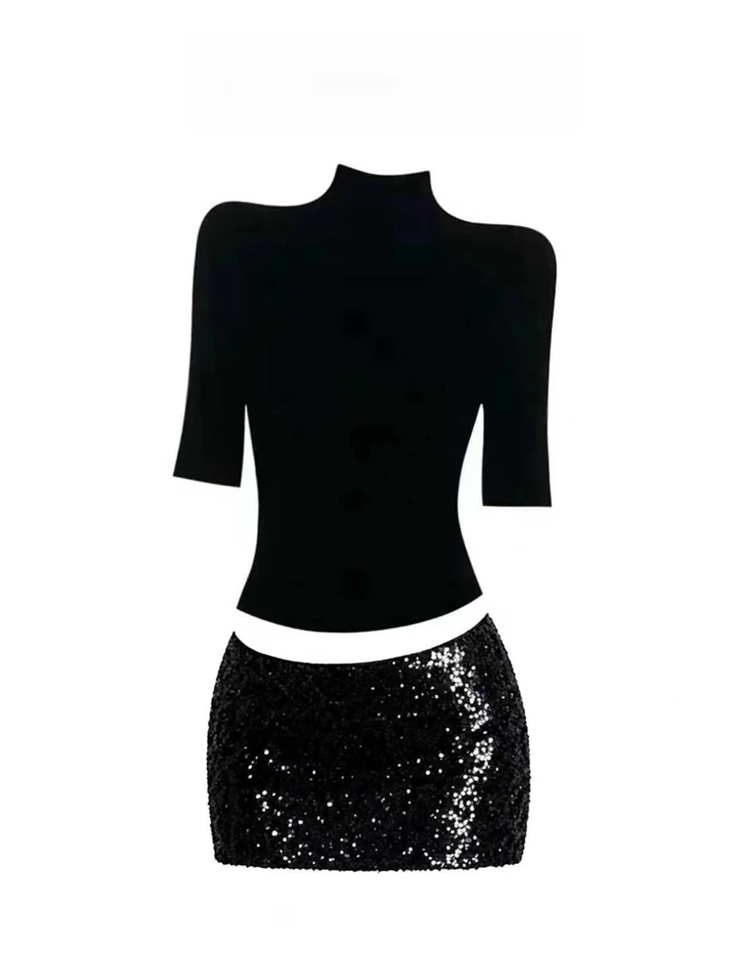

Sexy Sparkling Black Mid-Sleeve T-Shirt And Short Skirt Two-Piece Set for Women Breathable Comfortable Spring Summer Outfit