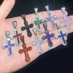 Fashion Jewelry Cute Mini Small Red Purple Blue Pink Clear CZ Cross Pendant Stainless Steel Box Chain Necklace Hip Hop Men Women