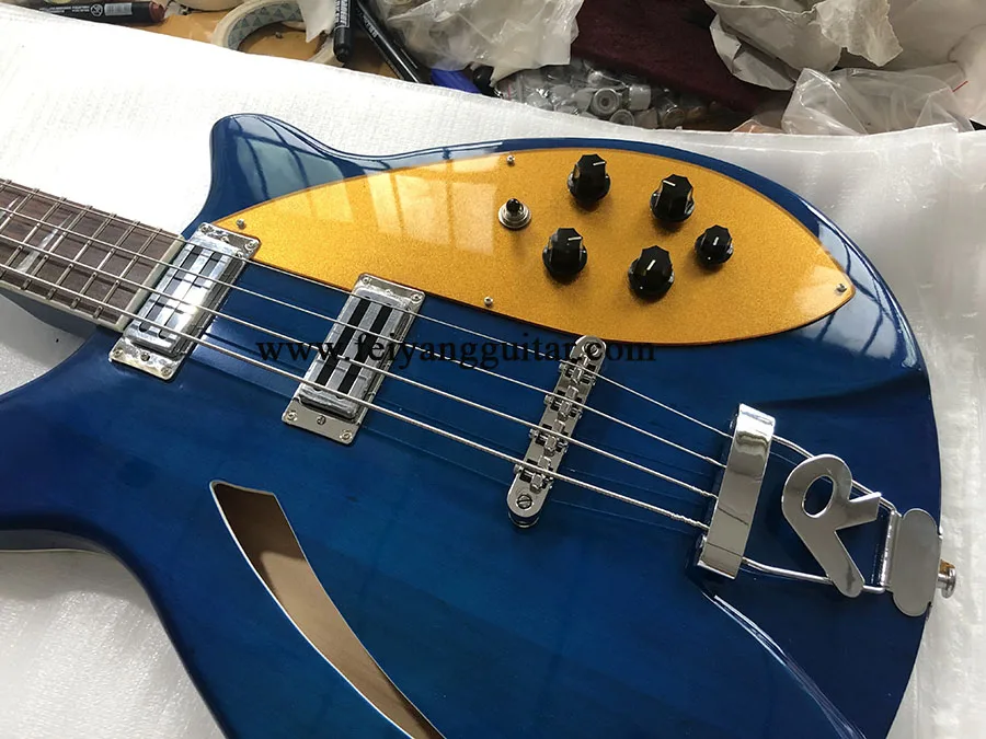 Semi Hollow Electric Bass Guitar, Triangle MOP Inlay Checkerboard Binding, 4 Strings, 4005 blue color，free shipping