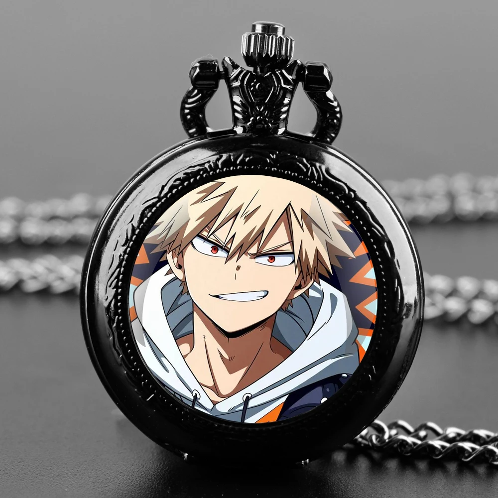 Exquisite Anime Bakugou Katsuki Glass Dome Quartz Pocket Watch Arabic numeral Necklace Pendant Gifts For Women Man with Chain