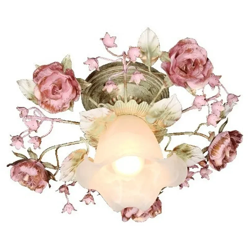 Meiyuan Pastoral Korean Rose Flower Lamp Handmade Wrought Iron Floral Ceiling Light for Living Room Bedroom Decorative