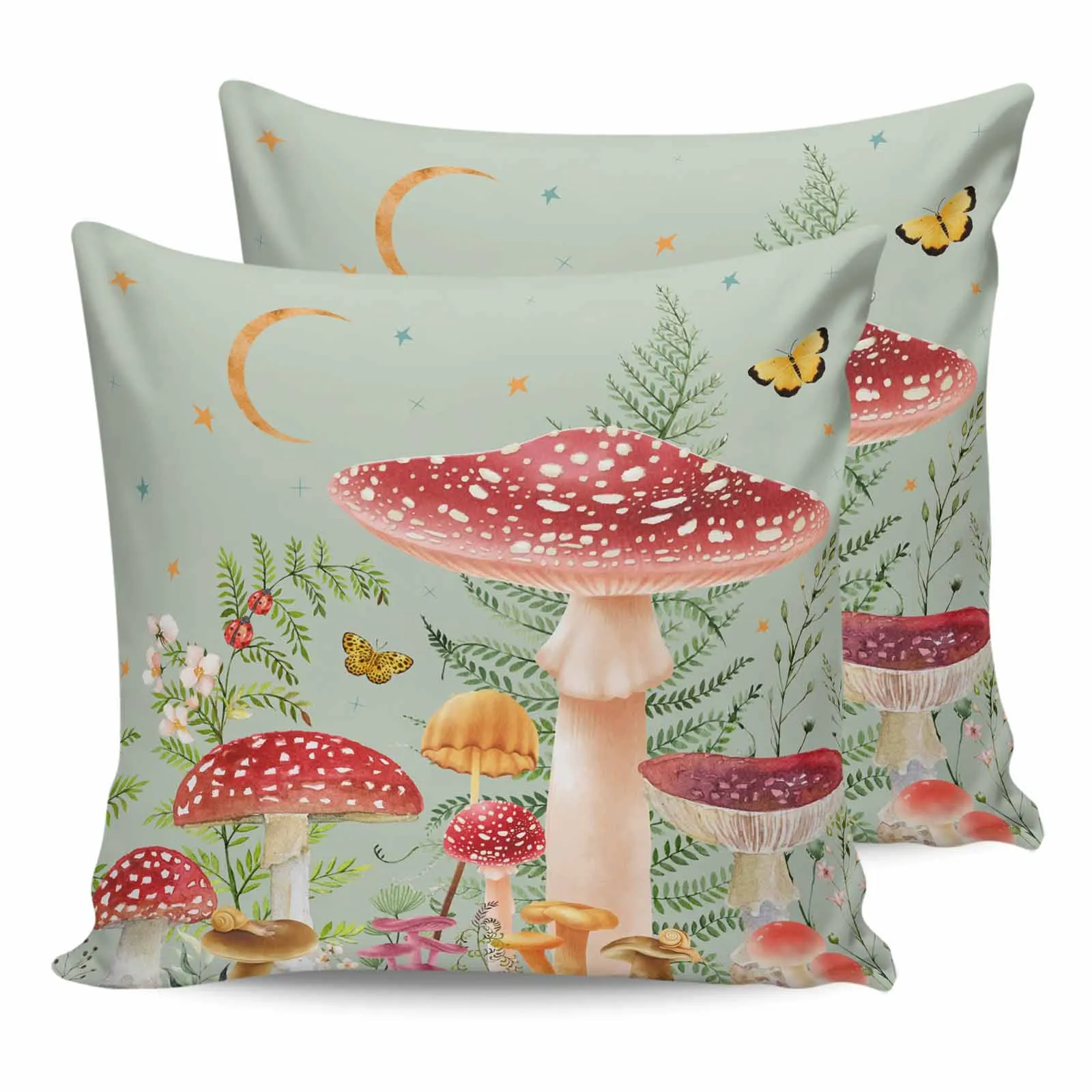 Mushroom Plants Ladybugs Foxes Leaves Green 2/4PCS Outdoor Pillowcase Waterproof Sofa Pillow Cover Garden Cushion Covers Decor