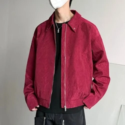 Autumn New American Vintage Pleated Design Workwear Red Bomber Jackets for Men High Street Loose Zipper Lapel Short Coats Men