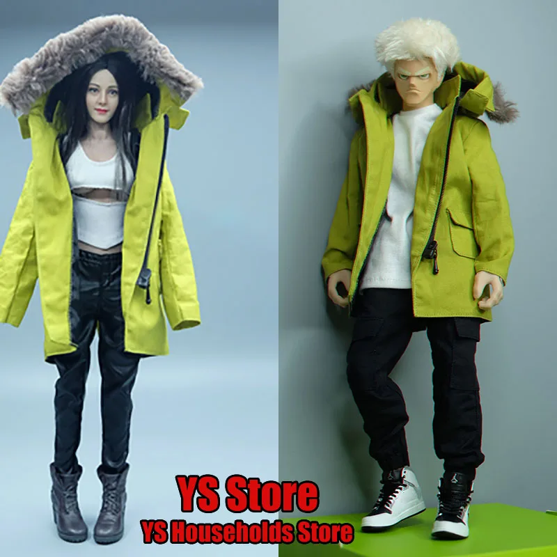 

1/6 Female Soldier Fat Loose Overcoat Fashion Green Couple Hooded Fur Decoration Winter Jacket Top Clothes Fit 12" Male Model