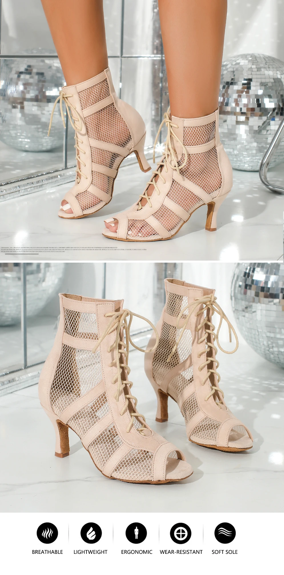 Damen High-Top-Latin-Tanzschuhe, Ballroom-, Pole- und Jazz-Tanzstiefel, weiche Sohlen, Damen-Tango-/Salsa-Mesh-Tanzschuhe mit hohen Absätzen und kubanischem Absatz – Detail 2