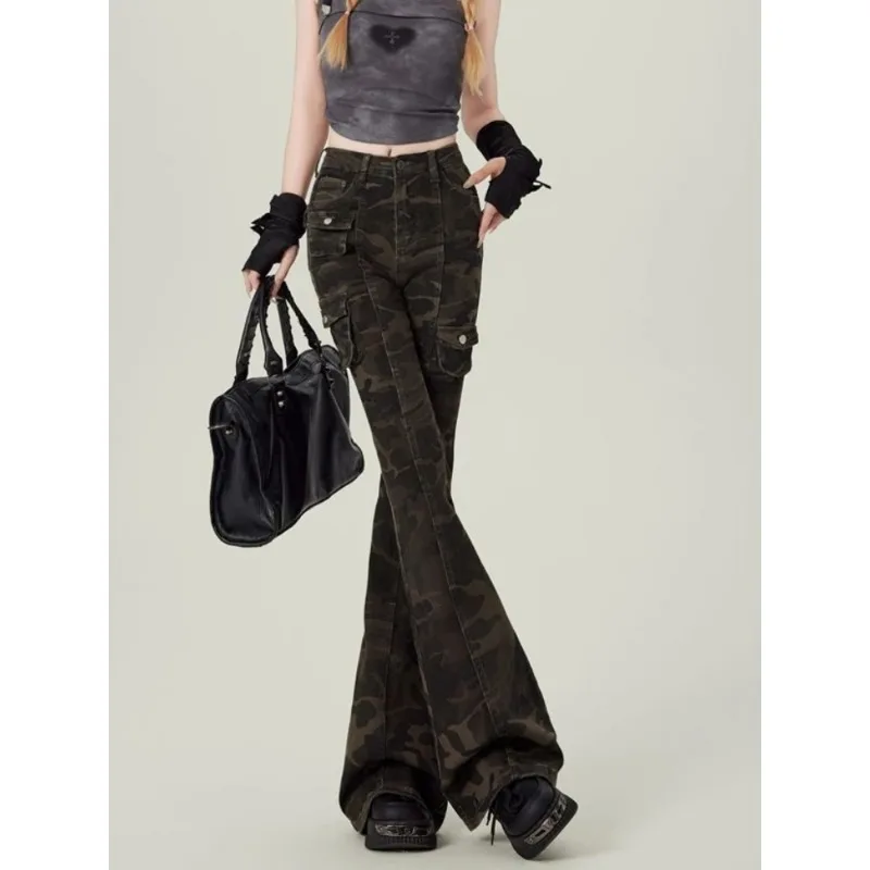 High Waist Jean Women Camouflage Cargo Style Skinny American Streetwear Aesthetic 2000s Y2k Jeans Flare Trousers Designed Chic