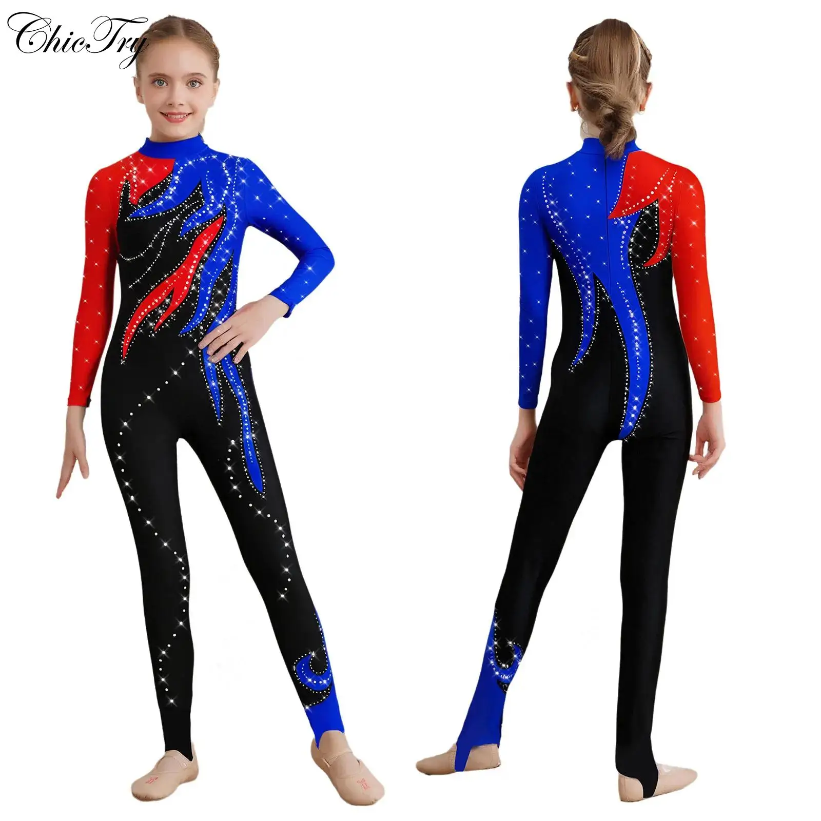 Kids Girls Color Block Ballet Gymnastics Jumpsuit Mock Neck Long Sleeve Shiny Rhinestones Bodysuit Full Body Workout Leotard