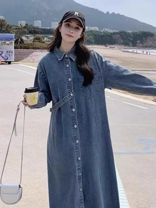 

Винтажное джинсовое платье с длинным рукавом, повседневное, свободного кроя, для женщин, однотонное, весна-осень