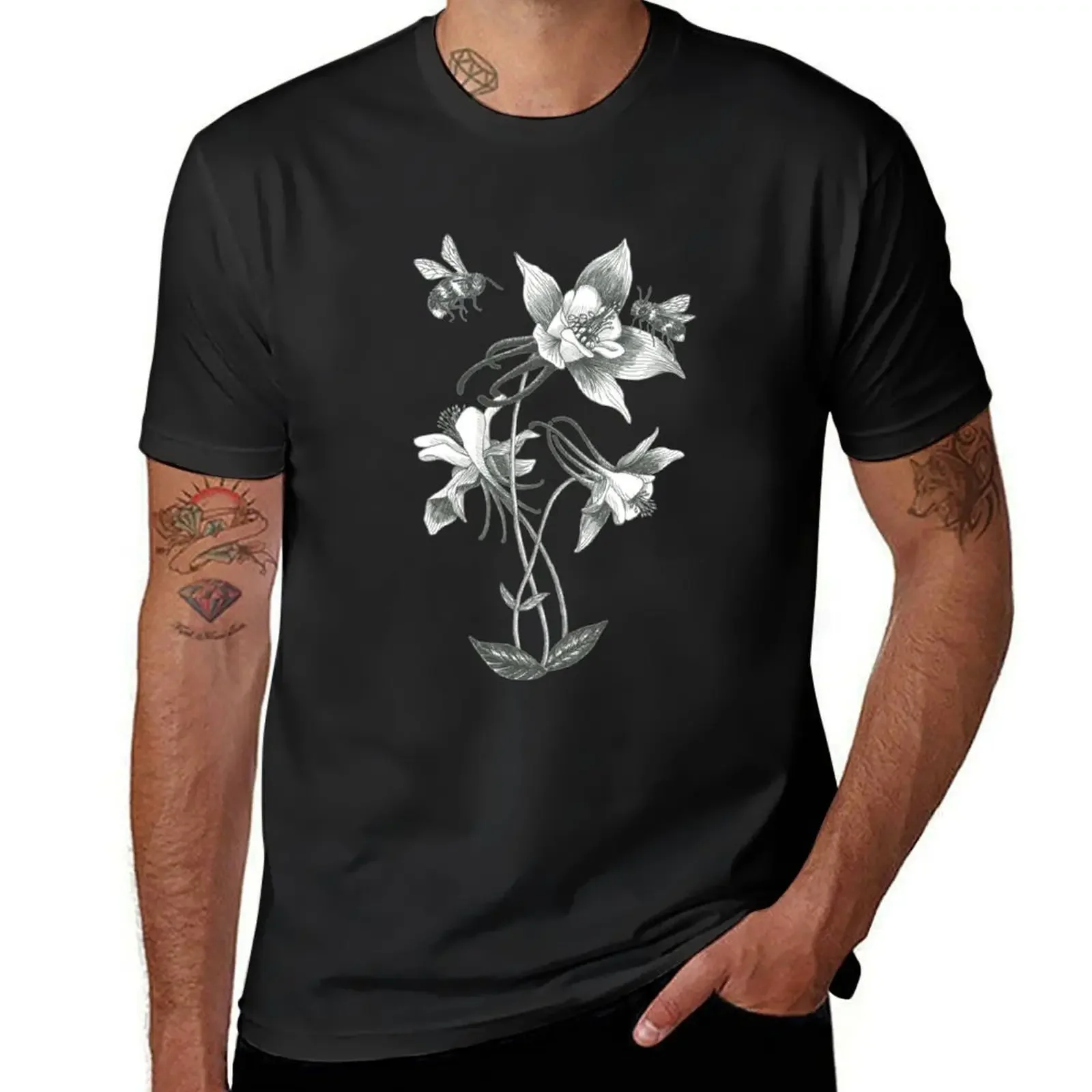 Bees on mountain flowers con fondo azul turquesa, camiseta de manga corta, camisetas gráficas de rapero, camisetas para hombres
