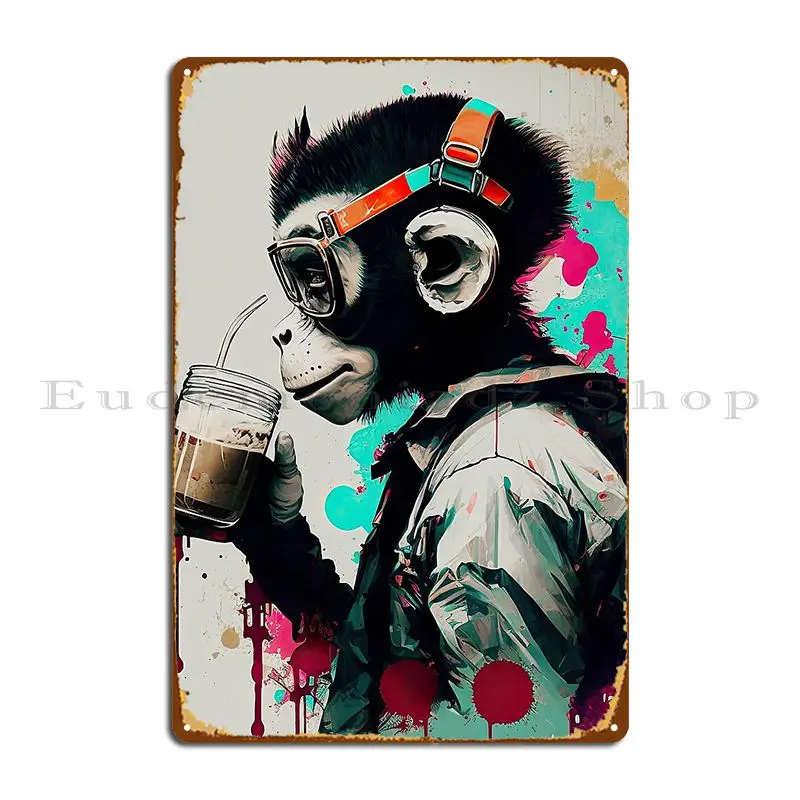 Monkey With Headphones And A Graffiti Drink Metal Plaque Poster Mural Wall Cave Garage Personalized Wall Decor Tin Sign Poster